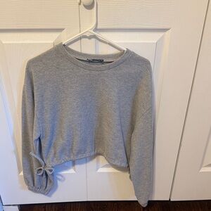 Zara Heather Gray Cropped Top with Sleeve Tie